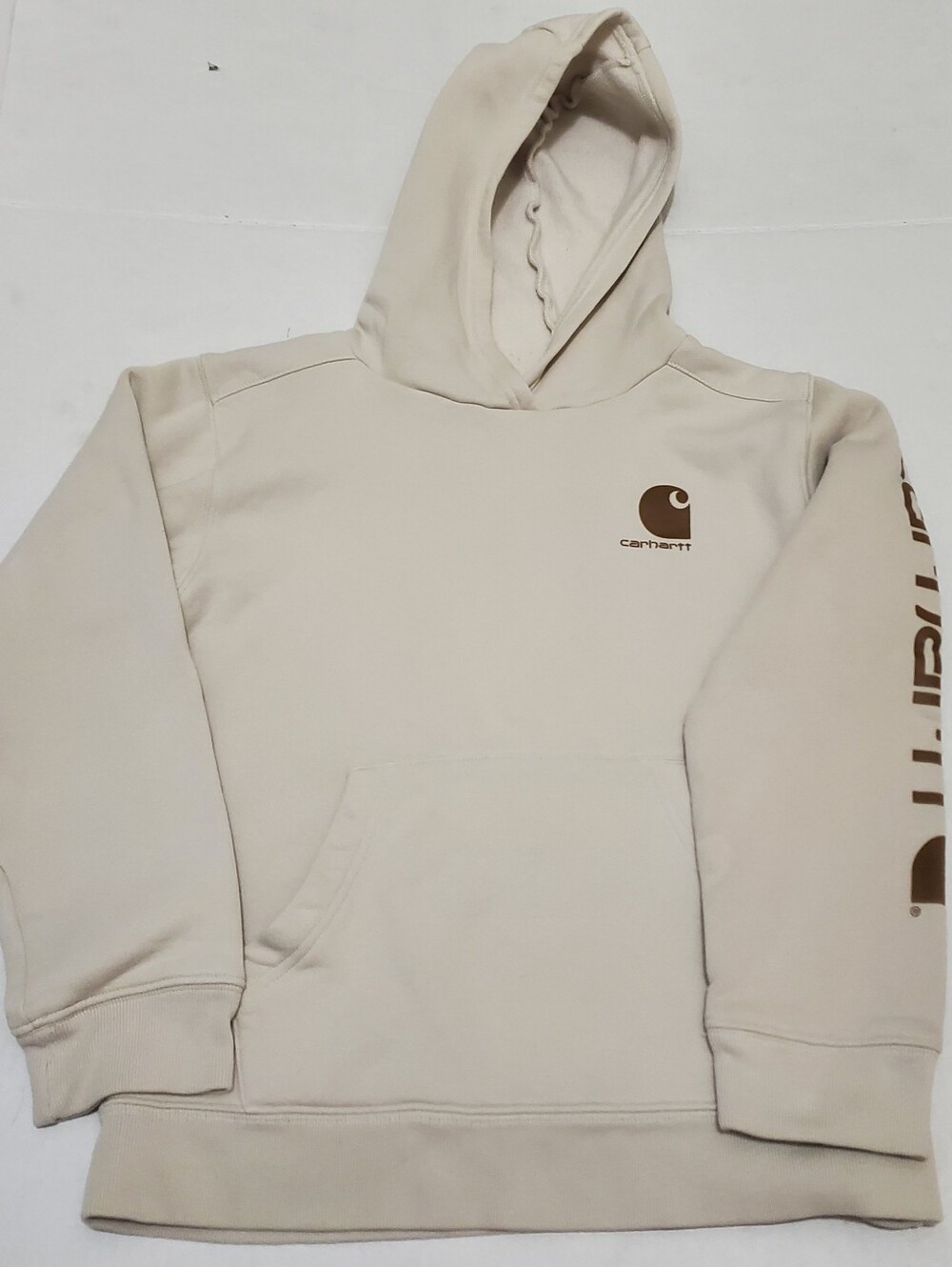 Carhartt Boys 10-12 Front Pocket Light Beige Pull Over Logo Hooded Sweatshirt - Picture 2 of 11